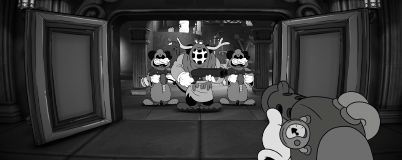 《神探杰克鼠》游戏主视觉图：黑白风格主角杰克鼠身着侦探风衣立于飞艇甲板，背景是蒸汽朋克感十足的云中城市，画面充满1930年代橡皮管动画特有的弹性线条与高对比度阴影