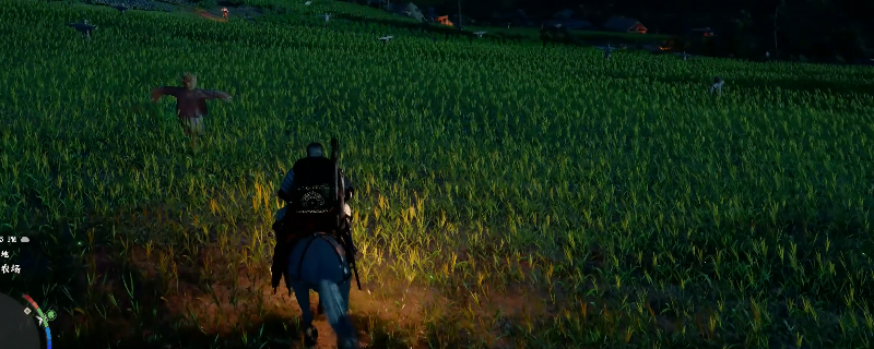 《红色沙漠》游戏内俯视角画面：晨光下的斯洛浦西德农场，整齐排列的胡萝卜田与小麦地泛着微光，远处可见木栅栏和简陋谷仓，一匹棕色骏马正扬蹄疾驰掠过田埂