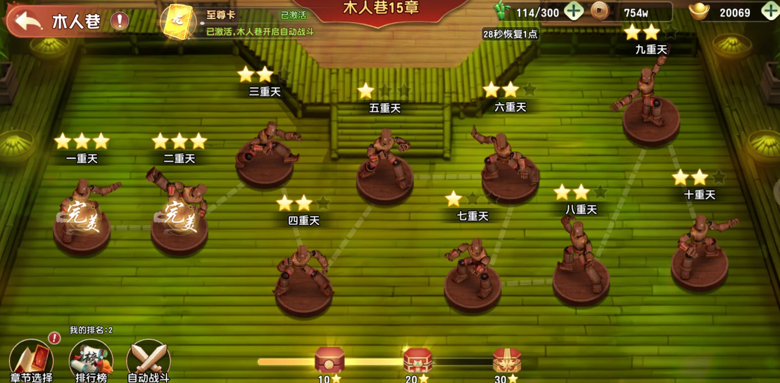 游戏内木人巷关卡界面示意图：左侧显示当前层数与已通关关卡数，中央为动态战斗场景，右侧实时浮动星级图标与‘三星达成’特效弹窗