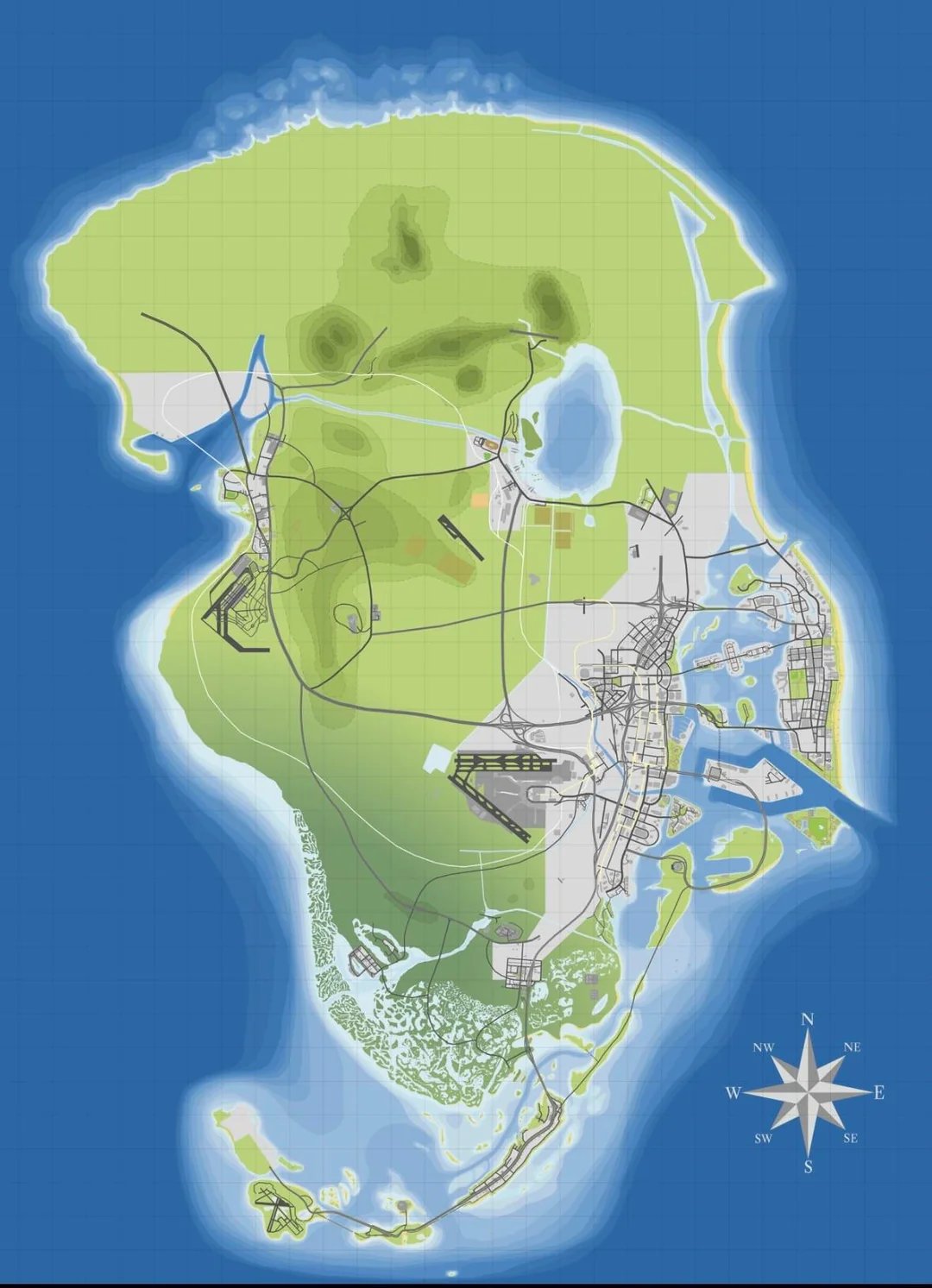 Reddit社区制作的《GTA6》罪恶城高精度俯视地图，呈现海岸线、主干道网络与疑似市中心摩天楼群，色彩分层清晰，标注大量待验证区域