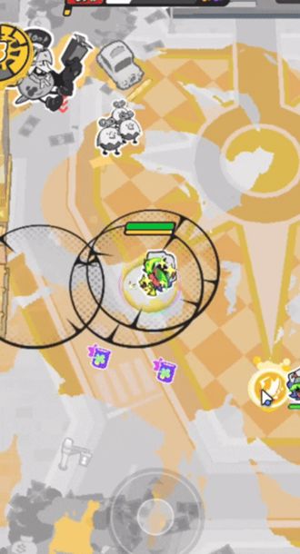 战术特写图：三只小鸡仔呈三角阵型分布，左侧角色正释放紫色光波染色第一只，中间小鸡仔已泛起紫晕，鹰酱身体出现蛛网状裂痕