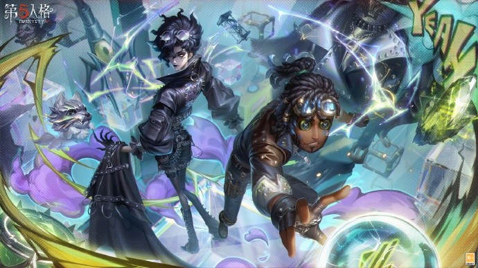 《第五人格》游戏内CG级时装展示图：歌剧演员身着黑蓝主调铆钉皮衣，眼妆呈凌厉闪电状，金属链条缠绕脖颈，背景浮现ZETA战队LOGO与动态电光特效，整体风格兼具街头酷感与竞技锋芒