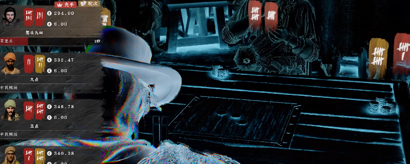 《红色沙漠》斗牌对局实机画面：两名角色隔桌对坐，左侧玩家头顶悬浮半透明扑克牌投影，右侧玩家正伸手按向桌面中央闪烁红光的神经接口装置