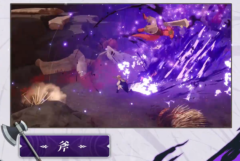 三武器实战分屏对比：左屏双剑扫荡群怪、中屏长剑精准斩杀浮空Boss、右屏战斧重击轰碎巨型护盾，三者均触发金色「恶魔化」特效