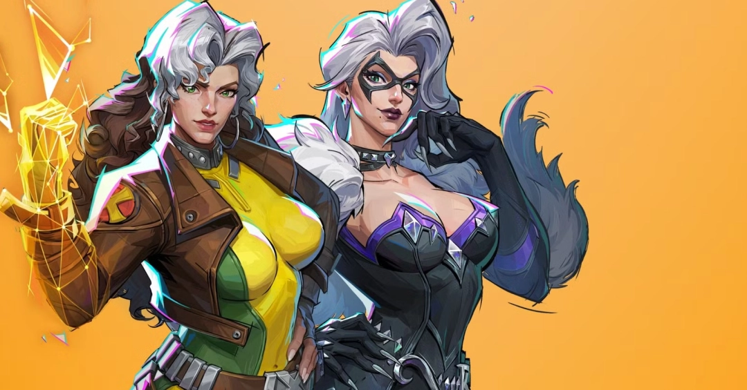 《漫威争锋》黑猫角色正面特写，金色眼影、高颧骨、微翘鼻尖与饱满唇形，整体轮廓与神态与罗刹女高度一致