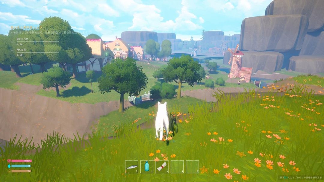 游戏内实机画面：一只三花猫正用前爪按压木质工作台，台面浮现半透明建造菜单，背景可见刚搭好的带滑梯猫别墅，窗外飘着细雨