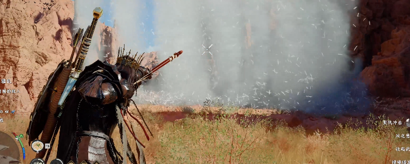 《红色沙漠》齿轮塔外观全景图：锈迹斑驳的巨型铜制高塔矗立于荒漠峡谷间，塔身布满旋转齿轮与蒸汽管道，顶部隐约透出青蓝色微光